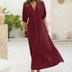 Burgundy Plunge Neck Maxi Dress